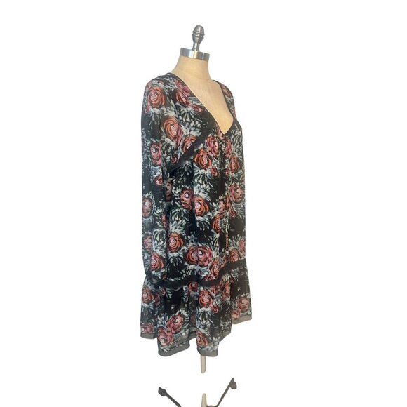 Maeve Anthropologie swing Trapeze Dress black floral tiered Boho Large - Picture 3 of 7